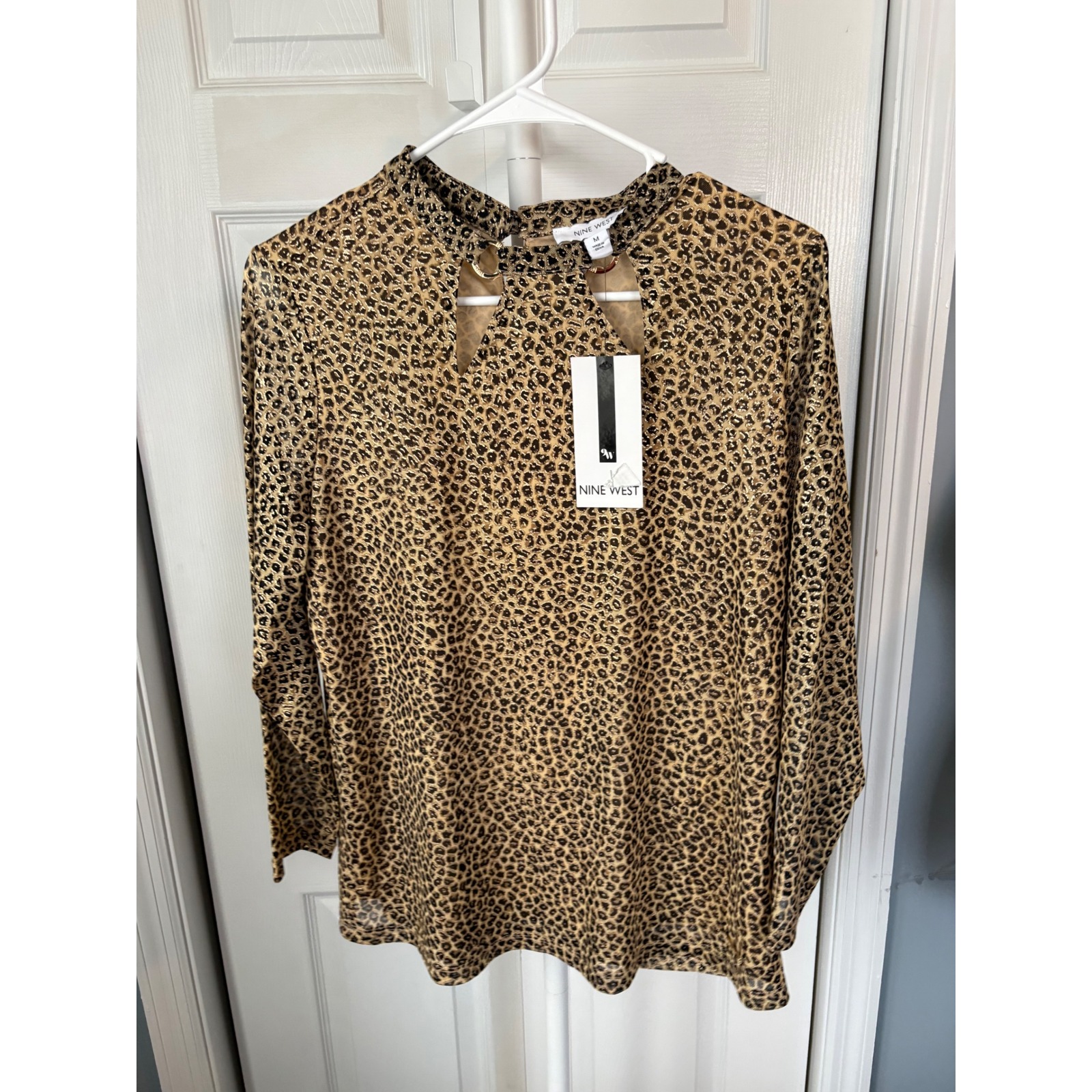 Nine West Womens Metallic Leopard Print Keyhole Mock Neck Blouse Gold Brown M